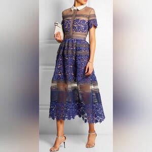 Self Portrait Liliana lace Crochet Midi Collared Blue And Nude Dress Size 8
